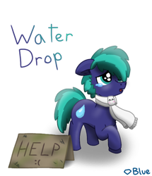 Size: 670x780 | Tagged: safe, imported from derpibooru, oc, oc only, oc:water drops, earth pony, clothes, colt, crying, cyan eyes, ears back, foal, male, purple coat, sad, scarf, sign, simple background, solo, transparent background