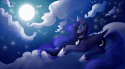 Size: 2000x1100 | Tagged: safe, artist:pudingfox, imported from derpibooru, princess luna, alicorn, pony, blue eyes, blue mane, blue tail, cloud, crepuscular rays, crown, digital art, ethereal mane, ethereal tail, eyeshadow, feather, female, flowing mane, flowing tail, folded wings, hoof shoes, horn, jewelry, lidded eyes, lying down, makeup, mare, moonlight, night, regalia, sky, smiling, solo, sparkles, starry mane, starry tail, stars, tail, wings