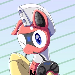 Size: 4096x4096 | Tagged: safe, artist:trackheadtherobopony, imported from derpibooru, oc, oc:trackhead, pony, robot, robot pony, controller, floppy ears, looking at you, one eye closed, sega genesis, solo, wink