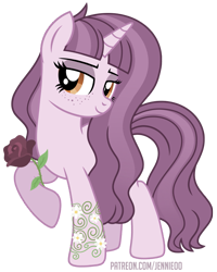 Size: 721x900 | Tagged: safe, artist:jennieoo, imported from derpibooru, oc, oc only, pony, unicorn, bedroom eyes, cute, eyeshadow, flower, freckles, gift art, looking at you, makeup, patreon, patreon reward, rose, simple background, smiling, smiling at you, solo, transparent background, vector