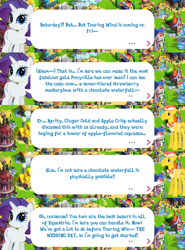 Size: 2048x2769 | Tagged: safe, imported from derpibooru, carrot cake, rarity, earth pony, pony, unicorn, apron, bowtie, clothes, dialogue, dialogue box, english, event, female, gameloft, hat, male, mare, mobile game, my little pony: magic princess, official, speech bubble, stallion, text