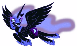Size: 3654x2226 | Tagged: safe, artist:shadowiesart, imported from derpibooru, nightmare moon, alicorn, pony, armor, female, helmet, hoof shoes, horn, mare, peytral, simple background, solo, spread wings, white background, wings