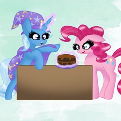 Size: 4096x4096 | Tagged: safe, artist:shadowiesart, imported from derpibooru, pinkie pie, trixie, earth pony, unicorn, cake, duo, female, food, glowing, glowing horn, horn