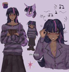 Size: 1933x2000 | Tagged: safe, artist:karokuface, artist:sataxh, imported from derpibooru, twilight sparkle, human, pony, unicorn, alternate hairstyle, annoyed, blushing, book, boots, clothes, dark skin, female, glasses, humanized, jewelry, mare, moderate dark skin, music notes, necklace, purple background, reference sheet, shirt, shoes, simple background, skirt, socks, solo, striped sweater, sweat, sweatdrop, sweater, unicorn twilight