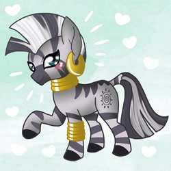 Size: 4000x4000 | Tagged: safe, artist:shadowiesart, imported from derpibooru, zecora, zebra, blushing, ear piercing, earring, female, heart, jewelry, leg rings, looking at you, mare, neck rings, piercing, raised hoof, solo