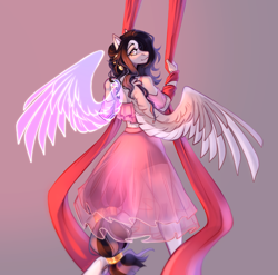 Size: 3033x3000 | Tagged: safe, artist:djkaskan, imported from derpibooru, anthro, pegasus, clothes, dress, female, gradient background, looking at you, looking back, looking back at you, see-through, solo