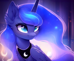 Size: 1536x1280 | Tagged: safe, artist:nightluna, imported from derpibooru, princess luna, alicorn, pony, abstract background, ai assisted, ai content, cute, ear fluff, eyebrows, eyelashes, female, folded wings, generator:purplesmart.ai, generator:stable diffusion, glowing, horn, mare, peytral, smiling, solo, wings