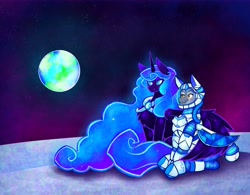 Size: 9987x7807 | Tagged: safe, artist:facadeart, imported from derpibooru, nightmare moon, oc, oc:orion zephyr, alicorn, pegasus, pony, fanfic:somnambulance, blaze (coat marking), blue eyes, colored, duo, earth, fanfic art, female, glowing, glowing mane, glowing tail, hug, male, mare, moon, orange eyes, pegasus oc, peytral, space, spacesuit, stallion, tail, winghug, wings