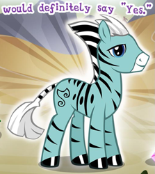 Size: 659x738 | Tagged: safe, imported from derpibooru, zebra, chill zebra, cloven hooves, cropped, english, gameloft, male, meme, mobile game, my little pony: magic princess, official, solo, stallion, text, unnamed character, unnamed zebra, wow! glimmer