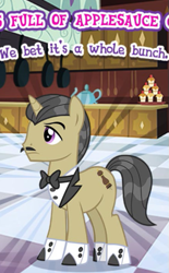 Size: 337x543 | Tagged: safe, imported from derpibooru, pristine, pony, unicorn, bowtie, clothes, cropped, facial hair, gameloft, male, meme, mobile game, moustache, my little pony: magic princess, solo, stallion, text, wow! glimmer