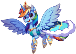 Size: 2601x1857 | Tagged: safe, alternate version, artist:moonseeker, imported from derpibooru, rainbow dash, alicorn, pony, alicornified, clothes, colored, crown, dress, horn, jewelry, looking at you, race swap, rainbowcorn, regalia, simple background, solo, transparent background, wings