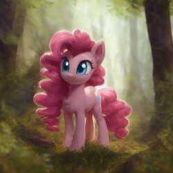 Size: 1024x1024 | Tagged: safe, imported from derpibooru, pinkie pie, earth pony, pony, ai content, ai generated, chest fluff, cute, diapinkes, ear fluff, female, forest, generator:stable diffusion, grass, mare, smiling, solo, tree