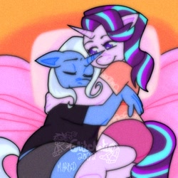Size: 1000x1000 | Tagged: safe, artist:glitchotic, imported from derpibooru, starlight glimmer, trixie, anthro, unicorn, bed, cuddling, duo, female, lesbian, obtrusive watermark, shipping, startrix, watermark