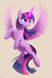 Size: 1000x1500 | Tagged: safe, artist:luminousdazzle, imported from derpibooru, twilight sparkle, alicorn, pony, angry, female, flying, frown, g4, glowing, glowing horn, horn, mare, simple background, solo, spread wings, twilight sparkle (alicorn), wings
