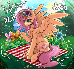 Size: 2960x2732 | Tagged: safe, artist:yumkandie, imported from derpibooru, fluttershy, bird, pegasus, pony, chest fluff, commission, ear fluff, female, flower, forest, grass, picnic blanket, signature, solo, unshorn fetlocks, ych example, your character here