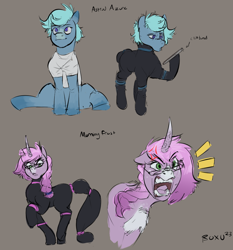 Size: 996x1068 | Tagged: safe, artist:boxu, imported from derpibooru, oc, oc only, oc:astral azure, oc:morning frost, earth pony, unicorn, fanfic:somnambulance, angry, bands, blue coat, blue mane, bodysuit, clipboard, clothes, commission, earth pony oc, expressions, fanfic art, glasses, horn, pink coat, pink mane, ponytail, sitting, sketch, unicorn oc