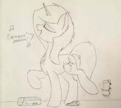 Size: 2027x1817 | Tagged: safe, artist:just rusya, imported from derpibooru, oc, oc only, oc:4 bore, pony, unicorn, car, chest fluff, crushing, eyes closed, fangs, giant pony, macro, monochrome, pencil drawing, raised hoof, singing, solo, speech bubble, traditional art, walking