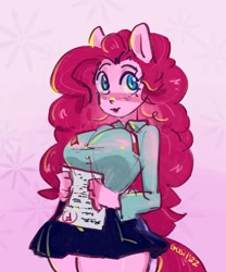 Size: 1440x1728 | Tagged: safe, artist:goshhhh, imported from derpibooru, pinkie pie, anthro, earth pony, blushing, clothes, female, hand, pink background, school uniform, simple background, skirt, solo