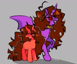 Size: 2048x1707 | Tagged: safe, artist:goshhhh, imported from derpibooru, changeling, changeling queen, unicorn, crossover, duo, friday night funkin', purple changeling, smiling, species swap, spread wings, teeth, wings