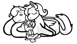 Size: 11858x6816 | Tagged: safe, artist:manticorpse, imported from derpibooru, oc, oc only, oc:mulberry wine, oc:raspberry sorbet, oc:strawberry syrup, pegasus, pony, unicorn, baby, baby pony, black and white, crossed hooves, foal, folded wings, grayscale, grooming, horn, lesbian couple, licking, lineart, magical lesbian spawn, monochrome, offspring, simple background, tongue out, trio, unicorn horn, watermark, white background, wings