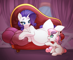 Size: 3128x2576 | Tagged: safe, alternate version, artist:witchtaunter, imported from derpibooru, rarity, sweetie belle, pony, unicorn, belle sisters, belly, big belly, carousel boutique, commission, couch, duo, ear fluff, fainting couch, female, filly, foal, happy, mare, open mouth, open smile, pillow, preggity, pregnant, sibling love, siblings, sisterly love, sisters, smiling