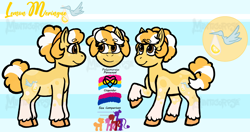 Size: 3960x2085 | Tagged: safe, artist:manticorpse, imported from derpibooru, oc, oc:lemon meringue, earth pony, pony, brown eyes, character design, curly tail, cutie mark, female, mare, orange mane, pride flag, reference sheet, solo, tail, yellow coat