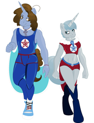 Size: 1548x2024 | Tagged: safe, artist:harmonicdreemur1308, imported from derpibooru, oc, oc:platinum glow, anthro, unguligrade anthro, unicorn, clothes, danny sexbang, duo, horn, male, midriff, ponified, shorts, simple background, unicorn oc, white background