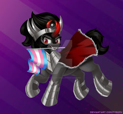 Size: 1920x1782 | Tagged: safe, artist:plastic-star-virus, imported from derpibooru, king sombra, pony, unicorn, cape, clothes, eyelashes, gradient background, grin, mouth hold, pride, pride flag, raised hoof, smiling, solo, transgender, transgender pride flag