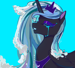 Size: 1890x1729 | Tagged: safe, artist:湮浊湮于浊, imported from derpibooru, princess luna, alicorn, pony, blue background, crying, cyan background, eyes closed, eyeshadow, female, folded wings, light blue background, makeup, mare, simple background, solo, water mane, wings