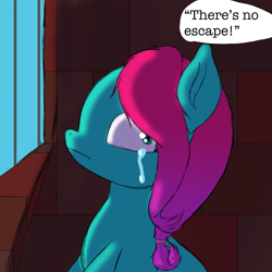 Size: 1700x1700 | Tagged: safe, artist:the crystal artist, derpibooru exclusive, imported from derpibooru, earth pony, pony, series:bunny pipp, brick wall, cell, context in description, crying, dark, dialogue, female, g5, jazz hooves, looking at someone, mare, messy mane, missing accessory, offscreen character, sad, scared, shading, sitting, solo, text, window