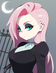 Size: 1000x1300 | Tagged: safe, artist:aetherionart, edit, imported from twibooru, fluttershy, human, crescent moon, ear piercing, earring, eyeshadow, female, fence, fluttergoth, frown, humanized, image, jewelry, lidded eyes, looking at you, makeup, moon, night, piercing, png, solo