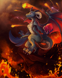 Size: 1122x1401 | Tagged: safe, artist:elicitie, imported from derpibooru, princess ember, dragon, claws, cloud, crepuscular rays, digital art, dragon lands, dragon lord ember, dragon wings, dragoness, female, fire, fireball, gem, horns, lava, lightning, red eyes, redraw, rock, scales, sky, solo, speedpaint, spread wings, sunlight, teeth, volcano, wings