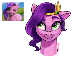 Size: 2048x1638 | Tagged: safe, artist:zendora, imported from derpibooru, pipp petals, pegasus, pony, adorapipp, bust, cute, female, g5, mare, my little pony: a new generation, portrait, princess pipp, screencap reference, signature, simple background, smiling, solo, white background