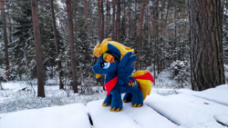 Size: 1192x670 | Tagged: safe, artist:mgrdash, imported from derpibooru, oc, oc only, oc:firesky, pegasus, pony, endangering plushies, forest, irl, photo, plushie, ponies in real life, solo, winter