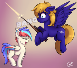 Size: 2439x2152 | Tagged: safe, artist:cloudybirb, imported from derpibooru, oc, oc only, oc:cloud quake, oc:pedals, pegasus, disproportionally small rifle, female, flying, gradient background, gun, gunshot, mare, negligent discharge, rifle, weapon