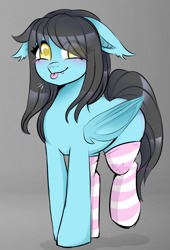 Size: 1641x2413 | Tagged: safe, artist:nekomellow, imported from derpibooru, oc, oc only, oc:flower popen, bat pony, pony, robot, robot pony, :p, black mane, black tail, blue fur, blushing, clothes, cute, cute little fangs, ear tufts, fangs, female, floppy ears, gynoid, hair over one eye, socks, solo, striped socks, tail, tongue out, yellow eyes