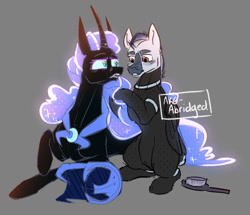 Size: 1254x1080 | Tagged: safe, artist:akoamplified, imported from derpibooru, nightmare moon, oc, oc:orion zephyr, alicorn, pegasus, fanfic:somnambulance, armor, black coat, blue eyes, brush, brushing mane, clothes, colored, colored sketch, commission, cute, fanfic, fanfic art, glowing, glowing mane, glowing tail, helmet, mane, orange eyes, pegasus oc, peytral, short mane, sketch, tail