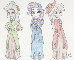 Size: 1400x1141 | Tagged: safe, artist:bageloftime, imported from derpibooru, applejack, rainbow dash, rarity, human, equestria girls, clothes, dress, edwardian, gown, long dress, long skirt, skirt, statue, traditional art