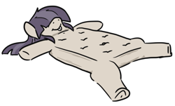 Size: 705x426 | Tagged: safe, artist:jargon scott, imported from derpibooru, oc, oc only, oc:dot matrix, earth pony, object pony, original species, pony, belly button, bucktooth, female, frog (hoof), hair over eyes, lying down, mare, mattress, on back, ponified, simple background, solo, underhoof, wat, white background