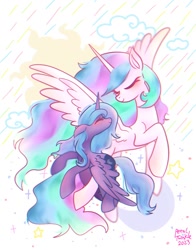 Size: 1074x1368 | Tagged: safe, artist:petaltwinkle, imported from derpibooru, princess celestia, princess luna, alicorn, pony, crescent moon, eyes closed, female, flying, mare, moon, rain, royal sisters, s1 luna, siblings, signature, simple background, sisters, smiling, spread wings, sun, white background, wings