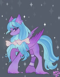 Size: 1074x1368 | Tagged: safe, artist:petaltwinkle, imported from derpibooru, oc, pegasus, pony, bow, gray background, hair bow, raised hoof, simple background, smiling, solo, standing, unshorn fetlocks