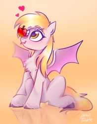 Size: 1074x1368 | Tagged: safe, artist:petaltwinkle, imported from derpibooru, derpy hooves, bat pony, pony, :p, apple, balancing, bat ponified, chest fluff, derpybat, food, heart, ponies balancing stuff on their nose, race swap, sitting, solo, tongue out, unshorn fetlocks