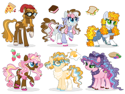 Size: 8173x6140 | Tagged: safe, artist:blazenly-obvious, artist:lavender-bases, artist:mint-light, artist:teepew, imported from derpibooru, oc, oc only, oc:daisy sandwich, oc:egg sandwich, oc:neopolitan sandwich, oc:pizza pie, oc:strawberry rhubarb pie, oc:wildberry pie, earth pony, pony, base used, beanie, bow, clothes, coat markings, earth pony oc, female, food, freckles, frown, glasses, grin, hair bow, hair ribbon, hat, mare, offspring, overalls, parent:cheese sandwich, parent:pinkie pie, parents:cheesepie, ribbon, round glasses, scarf, siblings, simple background, smiling, socks (coat markings), strawberry, striped scarf, sweater, transparent background, unshorn fetlocks