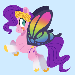 Size: 4000x4000 | Tagged: safe, artist:fizzlefer, imported from derpibooru, pipp petals, butterfly, butterfly pony, hybrid, pegasus, pony, adorapipp, blue background, butterfly wings, cute, female, flying, g5, looking back, mare, open mouth, open smile, simple background, smiling, solo, spread wings, tail, toy interpretation, underhoof, unshorn fetlocks, wings