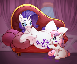 Size: 3128x2576 | Tagged: safe, alternate version, artist:witchtaunter, imported from derpibooru, rarity, sweetie belle, pony, unicorn, belle sisters, belly, belly painting, big belly, caricature, carousel boutique, commission, couch, cute, diasweetes, duo, ear fluff, fainting couch, female, filly, foal, happy, hoof painting, mare, open mouth, open smile, paint, paint on fur, paint splatter, pillow, preggity, pregnant, sibling love, siblings, sisterly love, sisters, smiley face, smiling, stars