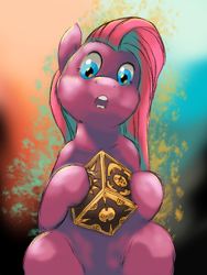 Size: 1536x2048 | Tagged: safe, artist:fluffsplosion, imported from derpibooru, pinkie pie, earth pony, pony, hellraiser, imminent death, lemarchand's box, low angle, pinkamena diane pie, solo, this will end in death