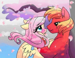 Size: 1024x787 | Tagged: safe, artist:dreamscapevalley, artist:twifanclub, edit, imported from derpibooru, big macintosh, fluttershy, earth pony, pegasus, pony, blushing, cherry blossoms, cute, female, flower, flower blossom, fluttermac, height difference, looking at each other, looking at someone, looking into each others eyes, male, mare, petals, pixel art, shipping, shyabetes, stallion, straight, windswept mane
