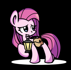 Size: 1520x1496 | Tagged: safe, artist:derp pone, imported from derpibooru, pinkie pie, earth pony, pony, fanfic:silent ponyville, bag, black background, lantern, pinkamena diane pie, saddle bag, scared, simple background, solo