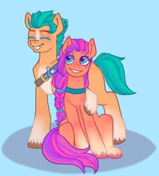 Size: 1052x1162 | Tagged: safe, artist:ponysforyou, imported from derpibooru, hitch trailblazer, sunny starscout, earth pony, pony, blue background, duo, duo male and female, eyes closed, female, g5, male, simple background, sitting, smiling, stallion