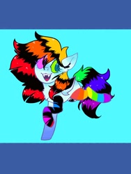 Size: 768x1024 | Tagged: safe, artist:ponysforyou, imported from derpibooru, oc, oc:nightcore, bat pony, pony, clothes, fangs, gay pride flag, pride, pride flag, smiling, socks, solo